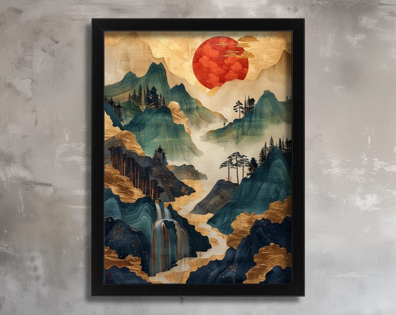 May include: A framed print of a digital painting depicting a mountain landscape with a large red sun in the sky. The mountains are painted in shades of blue and green, with gold accents. A waterfall flows down the side of the mountain.