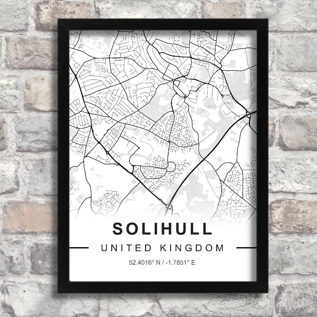 Map of SOLIHULL, Black and White Map Print, City Print, Cityscape