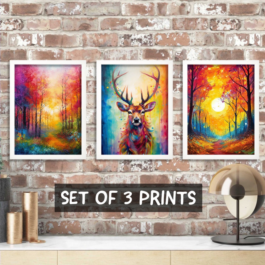 Rainbow Forest and Stag Prints, Set Of 3 Prints, Framed Art, Lounge Wall Decor New Home Gift Modern Print, Stag Picture, Nature Wall Art
