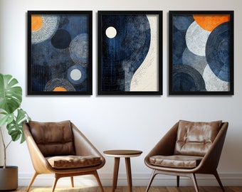 Contemporary Art Set Of 3 Prints, Navy Blue Abstract Ar Print, Geometric Pictures, Modern Living Room Decor, Abstract Minimalist Posters