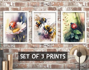 Watercolour Insect Prints, Set of 3 Framed Art, Living Room Decor, Watercolour Ladybug Art Print, New Home Gift, Bees and Flowers Nature Art