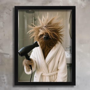 May include: Framed print of a sloth in a white bathrobe, using a black hairdryer in a bathroom. The sloth has dishevelled brown fur. The background shows a shower, sink, and mirror, creating a humorous scene.
