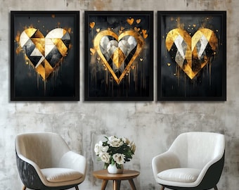 Juego de 3 impresiones de arte de pared con corazones dorados modernos, impresiones geométricas abstractas de amor en negro y dorado, ilustraciones contemporáneas de corazones dorados, imágenes para dormitorio