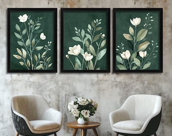 Juego de 3 impresiones florales minimalistas de arte mural botánico verde, tríptico moderno inspirado en la naturaleza, elegante arte de hojas botánicas para sala de estar.