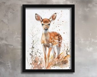 Graceful Fawn in Watercolour Whimsical Wildlife Art Print, Nature-Inspired Decor for Animal Lovers Baby Deer Wall Art Cute Nursery Picture