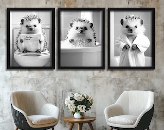 Hedgehog in a Bath Funny Bathroom Wall Art Set of 3 Prints Animal Wall Art Cute Hedgehog Print Illustration Black and White Poster Artwork