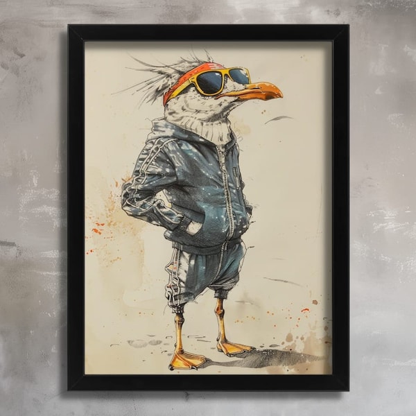 Seagull in Tracksuit Print Vintage Illustration Seagull Wall Art for Bird Lover Gift Beach House Decor Vintage Coastal Wall Art Print