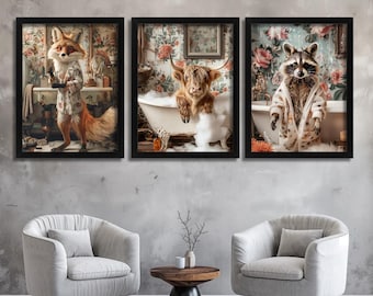 Funny Bathroom Prints Set of 3 Racoon Highland Cow in a Bath Fox Animal Wall Art Cute Animal Bath Time Art Print Set Kids Room Wall Decor