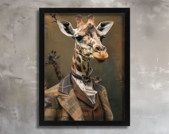 Distinguished Anthropomorphic Giraffe in Plaid Suit and Bowtie Elegant Whimsical Art Vintage Animal Wall Art Giraffe Gift Giraffe Print