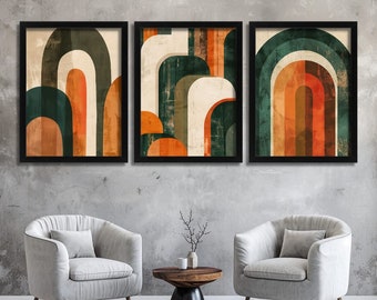 Tríptico de arte mural geométrico retro con arco abstracto de estilo moderno de mediados de siglo en una paleta de colores verde tierra, naranja y crema, juego de 3 láminas.