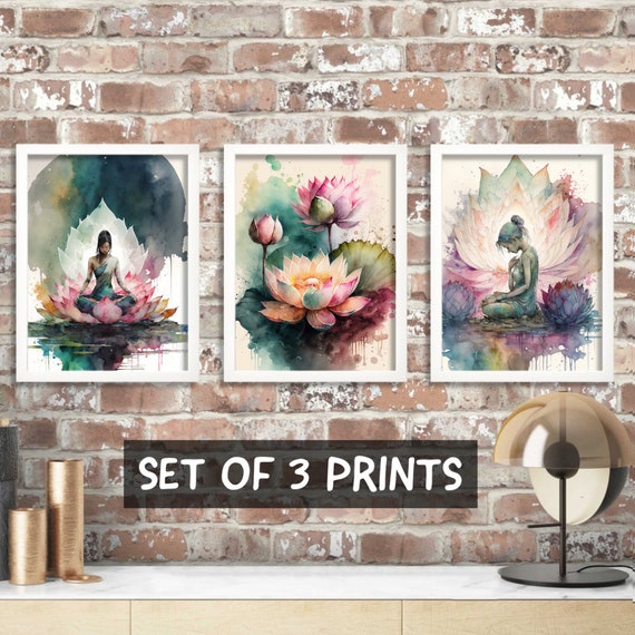 Lotus Flower Art, Set Of 3 Prints, Framed Art, Pink Living Room Decor, Watercolour 30x40 Art, New Home Gift, Meditation Art, Yoga Wall Art