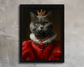 Arte de pared de una dama de gato gris real con vestido rojo, impresión artística de la realeza felina, decoración de pared de gato noble, regalo para amantes de los gatos reales, pintura de gato vintage