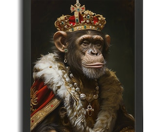 The Chimp King Vintage Portrait Art, Royal Chimp Animal Poster Art, Renaissance Animal Portrait Oil Style Painting, Animal Wall Art Gift