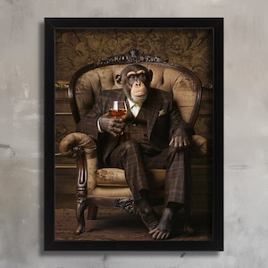 May include: A chimpanzee wearing a suit and tie sits in a plush armchair, holding a glass of amber liquid. The background features a vintage wallpaper pattern.