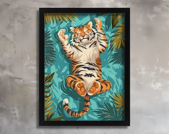 Playful Tiger in Tropical Paradise Art Print Vibrant Jungle Wall Art Relaxed Tiger Illustration Colourful Wildlife Decor Nursery Wall Art