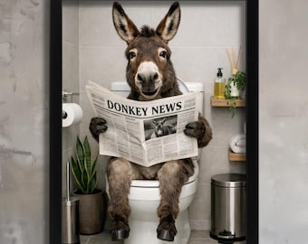 Lámina artística de burro divertida, decoración de pared original para el baño, regalo para el nuevo hogar, lámina artística de burro, arte de pared, fotografía de animales adorables, lámina de burro en el inodoro