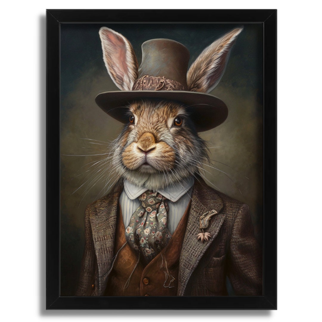 Rabbit Gentleman Portrait, Anthropomorphic Art Print, Vintage Animal Wall Art, Rabbit Print, Animal Poster Framed Art, Animal Head Human Bod