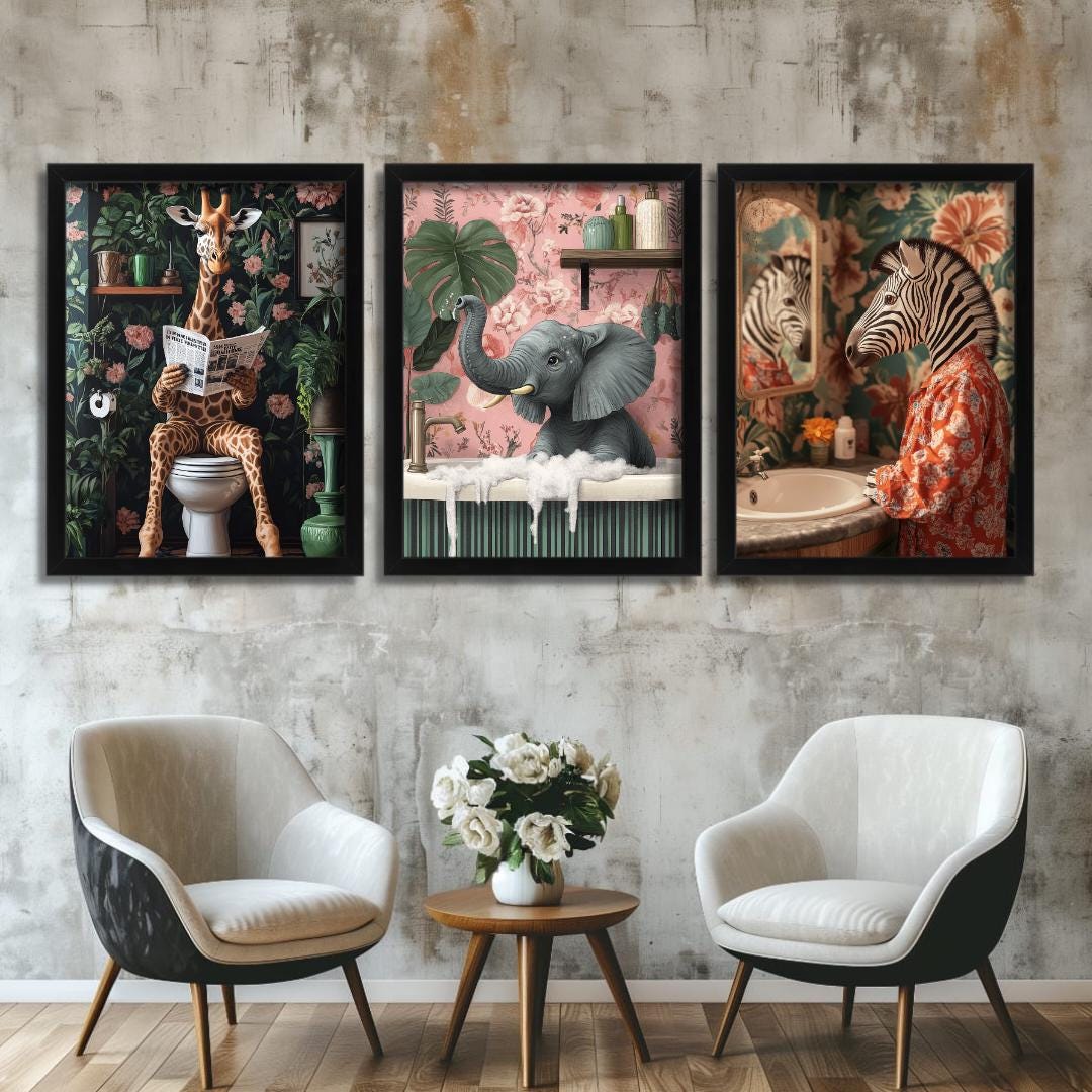 Funny Bathroom Prints Set of 3 Elephant in a Bath Giraffe Animal Wall ...