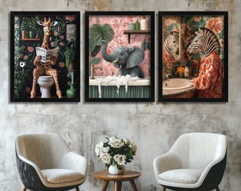 Funny Bathroom Prints Set of 3 Elephant in a Bath Giraffe Animal Wall Art Cute Zebra Animal Bath Time Art Print Set Kids Room Wall Decor