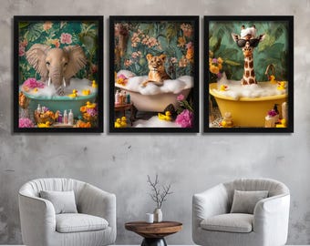 Juego de 3 impresiones divertidas para el baño, animales en el baño, arte de pared con animales, estampado de elefante, arte para la hora del baño, juego de estampado de jirafa, decoración de pared con leona