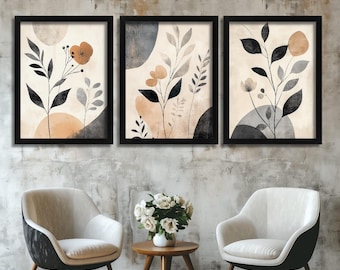 Juego de 3 impresiones de arte mural botánico abstracto minimalista con estampados florales modernos neutros en beige, negro y terracota, estilo bohemio escandinavo.