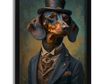 Dachshund Wall Art, Vintage Animal Portrait Art, Sausage Dog In A Suit Print, Animals in Human Clothes Art, Anthropomorphic Animal Wall Art
