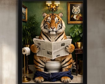 Lámina artística de tigre, decoración original para el baño, regalo para el nuevo hogar, lámina artística de tigre en el inodoro, arte de pared, fotografía de animales adorables, obra de arte para el aseo.