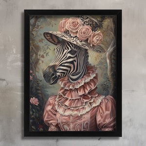 Zebra In Pink Dress Print, Zebra Poster Print, Retro Animal Wall Art, Vintage Zebra, Regal Animal Wall Art Gift Anthropomorphic Animal Art