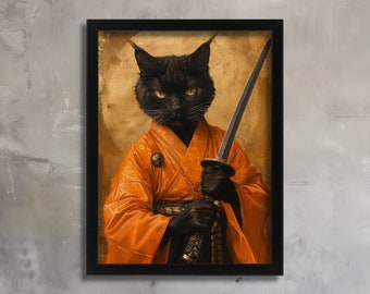 Samurai gato arte impresión japonés kimono gato negro regalo idea felino hogar decoración animal pared arte gato negro cartel antropomórfico gato impresión