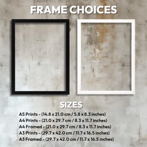 May include: Two white frames with black mats, one black frame with a white mat, and text that reads "FRAME CHOICES" and "SIZES". The text below the sizes lists the different sizes of prints and frames available in centimeters and inches. The sizes listed are A5, A4, and A3.