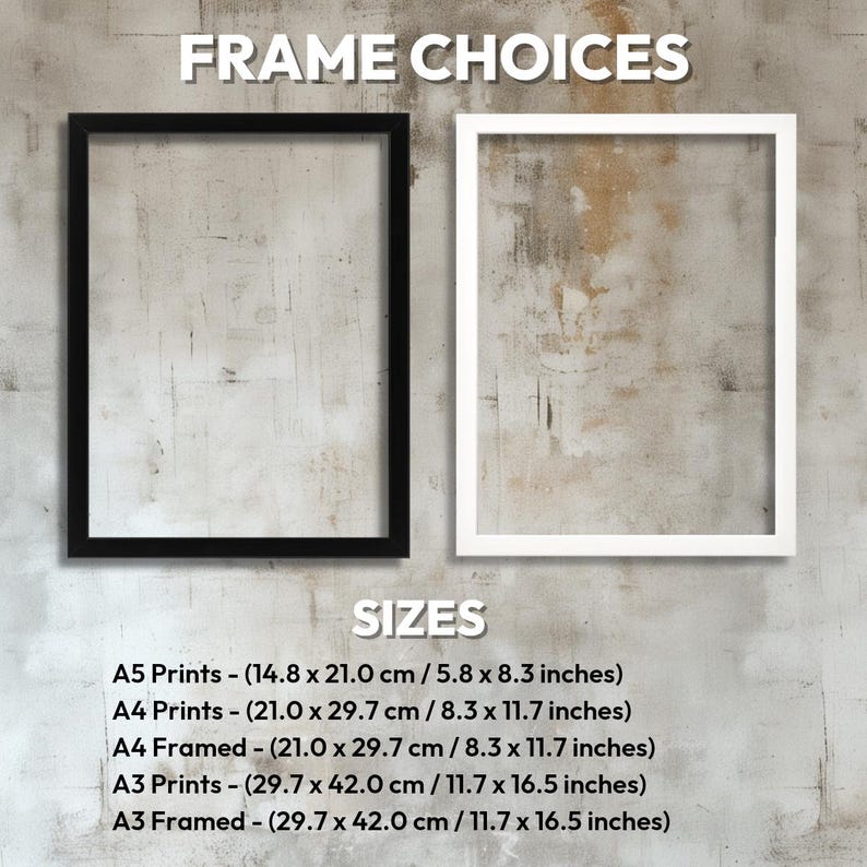May include: Two white frames with black mats, one black frame with a white mat, and text that reads "FRAME CHOICES" and "SIZES". The text below the sizes lists the different sizes of prints and frames available in centimeters and inches. The sizes listed are A5, A4, and A3.