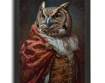 Pintura artística de retrato de búho vintage, póster artístico de animales reales, pintura al óleo de retrato de animal renacentista, arte de pared de animales vintage, regalo de búho