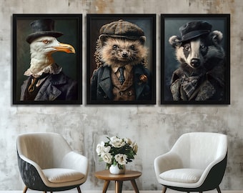 Victorian Animal Portraits Set of 3 Prints Peaky Blinders Era Decor Vintage Hedgehog Seagull Art Anthropomorphic Animal Wall Art Prints