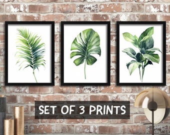 Arte de pared botánico, juego de 3 impresiones, arte botánico enmarcado, decoración de sala de estar con hojas verdes, impresión de arte floral, regalo para el nuevo hogar, decoración de la naturaleza