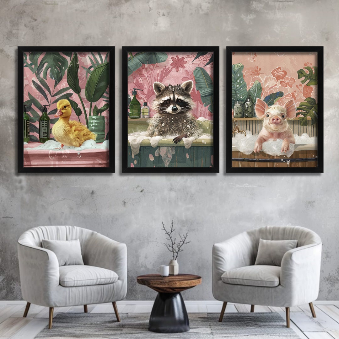 Funny Bathroom Prints Set of 3 Racoon Pigled Duckling in a Bath Animal ...