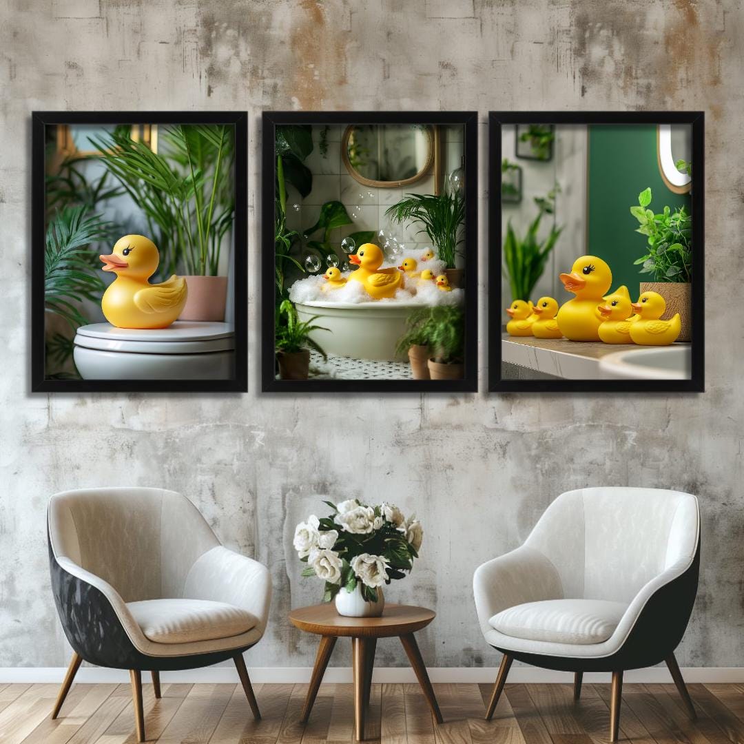Yellow Ducks in A Bath Funny Bathroom Prints Set of 3 Animal Wall Art ...