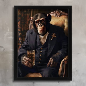 May include: A chimpanzee wearing a dark blue suit with a gold pin and holding a glass of amber liquid, seated in a plush armchair with gold accents.