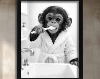 Lindo chimpancé bebé - Lámina artística - Decoración de pared para baño - Regalo para nuevo hogar - Lámina artística - Divertido mono - Fotografía de animales lindos - Póster de mono