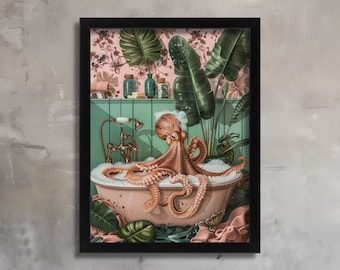 Impresión artística de pulpo en la bañera, decoración de pared de baño peculiar, impresión artística rosa y verde, arte de pared de pulpo, ilustración de pulpo, estampados divertidos de animales