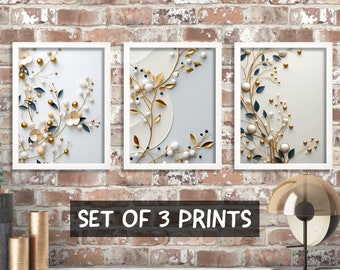Juego de 3 impresiones de hojas doradas y plateadas, arte de pared minimalista, imágenes botánicas, arte 3D, decoración de sala de estar, juego de impresiones de obras de arte con perlas florales