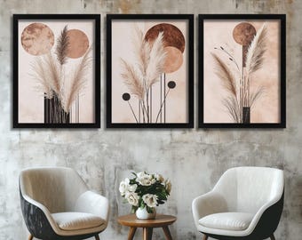 Juego de 3 piezas de arte de pared bohemio con hierba de la pampa, estampados botánicos minimalistas en beige neutro, formas abstractas, arte moderno bohemio escandinavo para decoración del hogar.