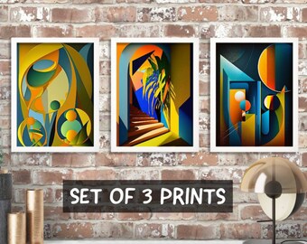 Orange & Blue Geometric Wall Art, Set Of 3 Prints, Framed Art, Multicolour Living Room Decor, Abstract Art Print, New Home Gift, Modern Art