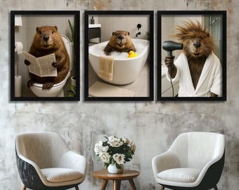 Beaver in a Bath Funny Bathroom Wall Art Set of 3 Prints Animal Wall Art Cute Beaver Print Beaver Illustration Beaver Art Prints Beaver Gift