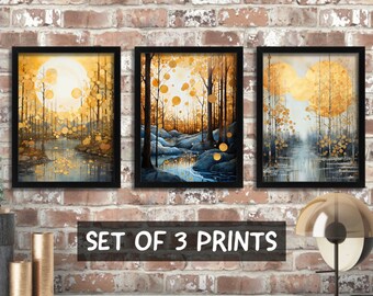 Golden Forest Wall Art Set Of 3 Prints, Gold and Blue Wall Art, Botanical Pictures, Living Room Decor Botanical Posters Set Scenery Painting
