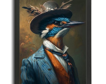 Kingfisher In A Suit Art Print, Kingfisher Gentleman Illustration, Victorian Bird Artwork, Animal Wall Art, Bird Gift Idea, Kingfisher Print