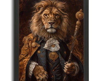 The Aristocrat Lion Illustration, 18th Century Style Portrait, Vintage Lion Painting, Animals in Human Clothes Art, Lion Wall Art Lion Print