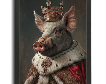 Pig Vintage Portrait, King Pig Painting, Royal Animal Poster Art, Renaissance Pig Animal Portrait Oil Painting Style Vintage Animal Wall Art