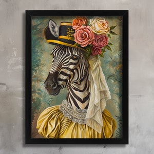 Zebra In Yellow Dress Print, Zebra Poster Print, Retro Animal Wall Art, Vintage Zebra, Regal Animal Wall Art Gift Anthropomorphic Animal Art