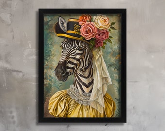 Cebra con estampado de vestido amarillo, impresión de póster de cebra, arte retro de la pared de animales, cebra vintage, regalo de arte de pared de animales reales, arte animal antropomórfico