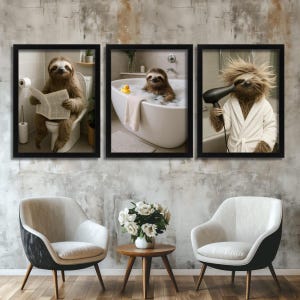 May include: A triptych of framed art prints depicting sloths in amusing bathroom scenes. One sloth is on the toilet reading, another is in a bubble bath, and the third is using a hairdryer after a shower.